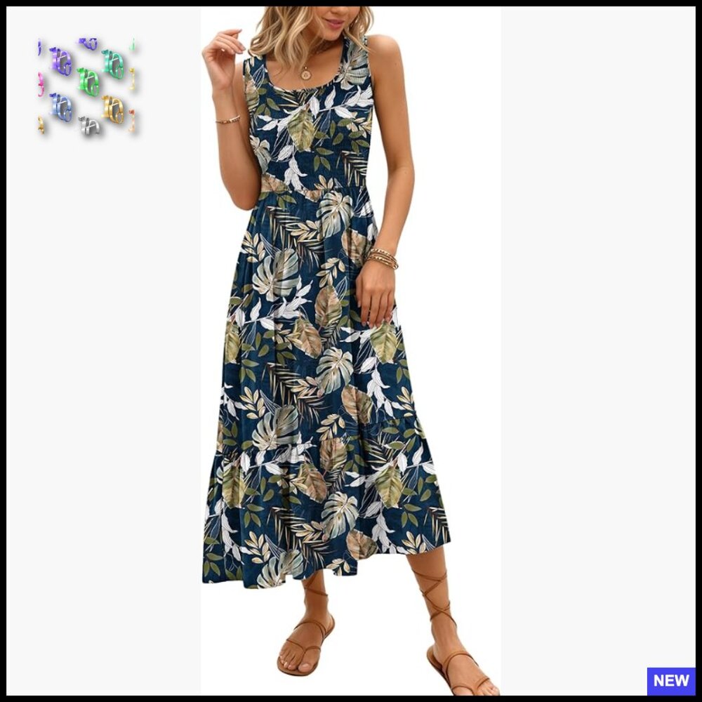 Sleeveless Maxi Dress Smocked Empire Waist Tiered Sundress With Pockets